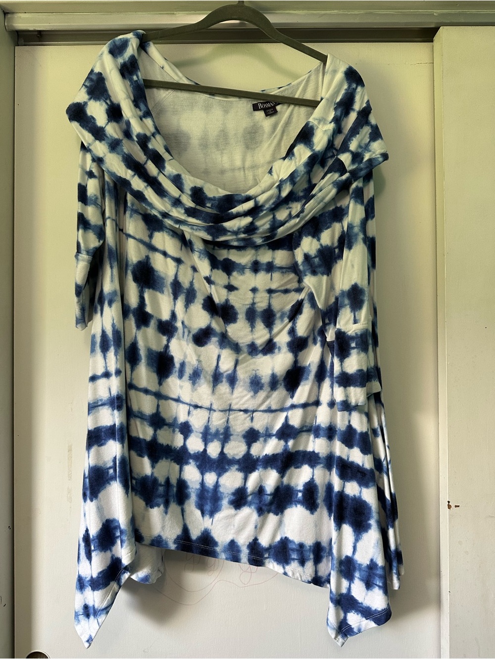Renuar Blue Tie-Dye Cowl Neck Off Shoulder Women's Top